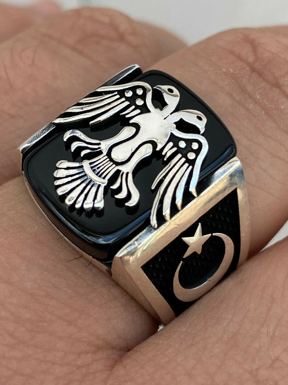HarlemBling Mens Real 925 Sterling Silver Ring Albanian Double Headed Eagle Islamic Crescent