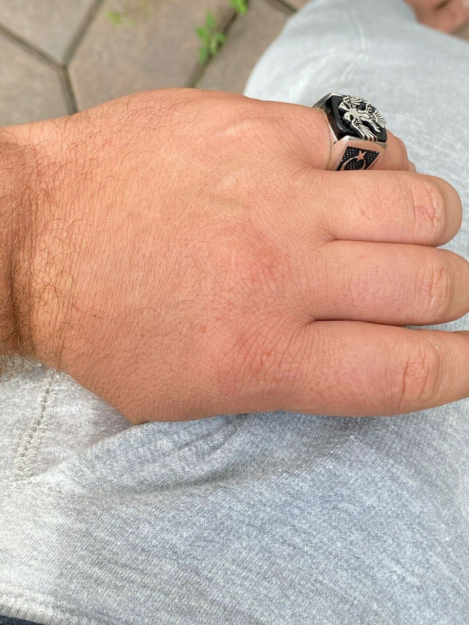 HarlemBling Mens Real 925 Sterling Silver Ring Albanian Double Headed Eagle Islamic Crescent