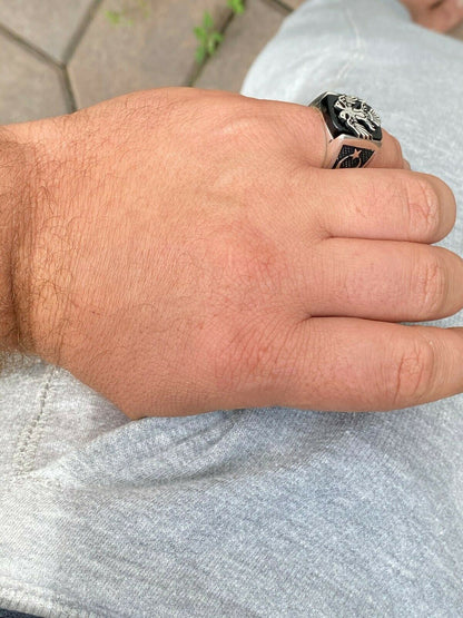 HarlemBling Mens Real 925 Sterling Silver Ring Albanian Double Headed Eagle Islamic Crescent