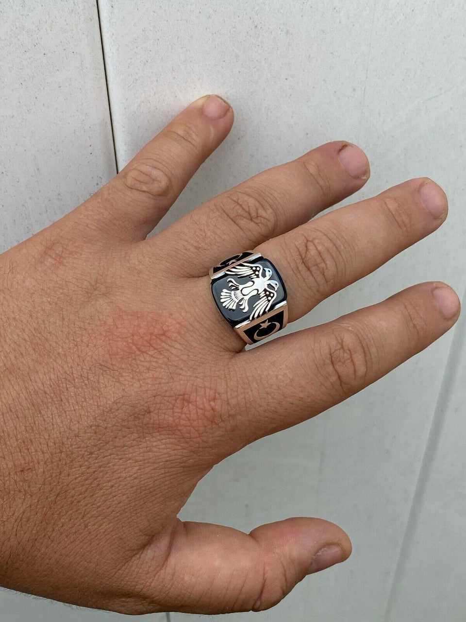 HarlemBling Mens Real 925 Sterling Silver Ring Albanian Double Headed Eagle Islamic Crescent