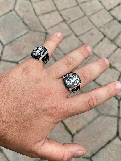 HarlemBling Mens Real 925 Sterling Silver Ring Albanian Double Headed Eagle Islamic Crescent