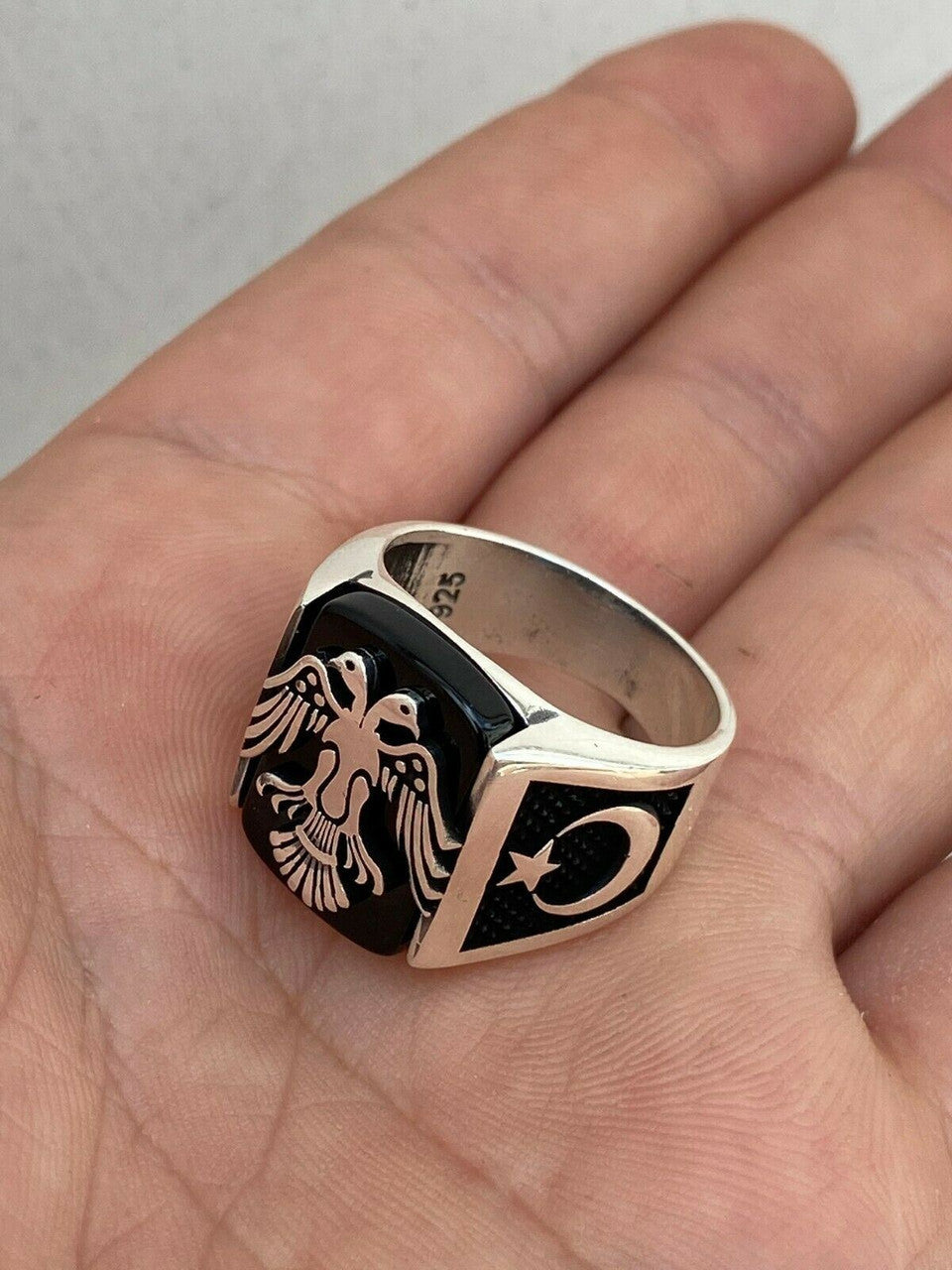 HarlemBling Mens Real 925 Sterling Silver Ring Albanian Double Headed Eagle Islamic Crescent
