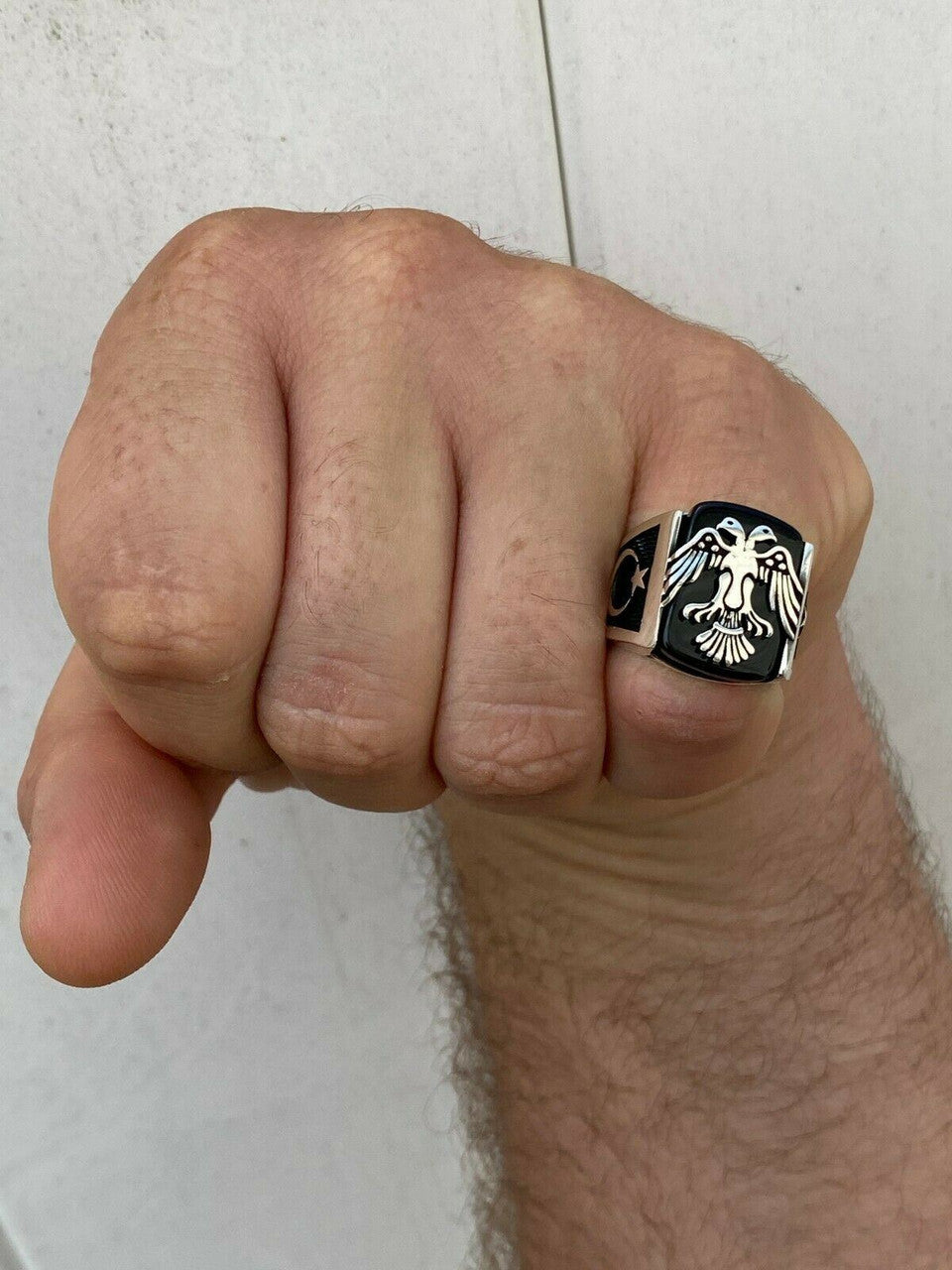 HarlemBling Mens Real 925 Sterling Silver Ring Albanian Double Headed Eagle Islamic Crescent