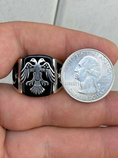 HarlemBling Mens Real 925 Sterling Silver Ring Albanian Double Headed Eagle Islamic Crescent