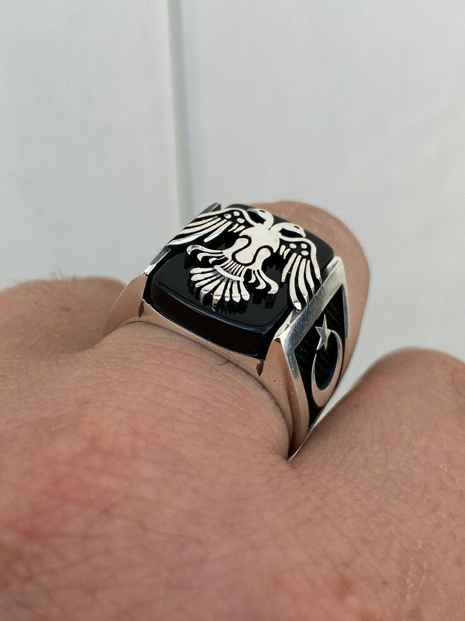 HarlemBling Mens Real 925 Sterling Silver Ring Albanian Double Headed Eagle Islamic Crescent