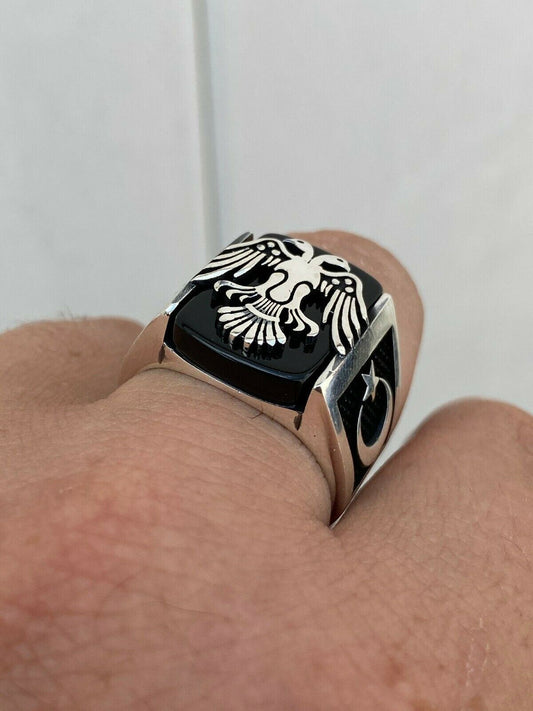 HarlemBling Mens Real 925 Sterling Silver Ring Albanian Double Headed Eagle Islamic Crescent