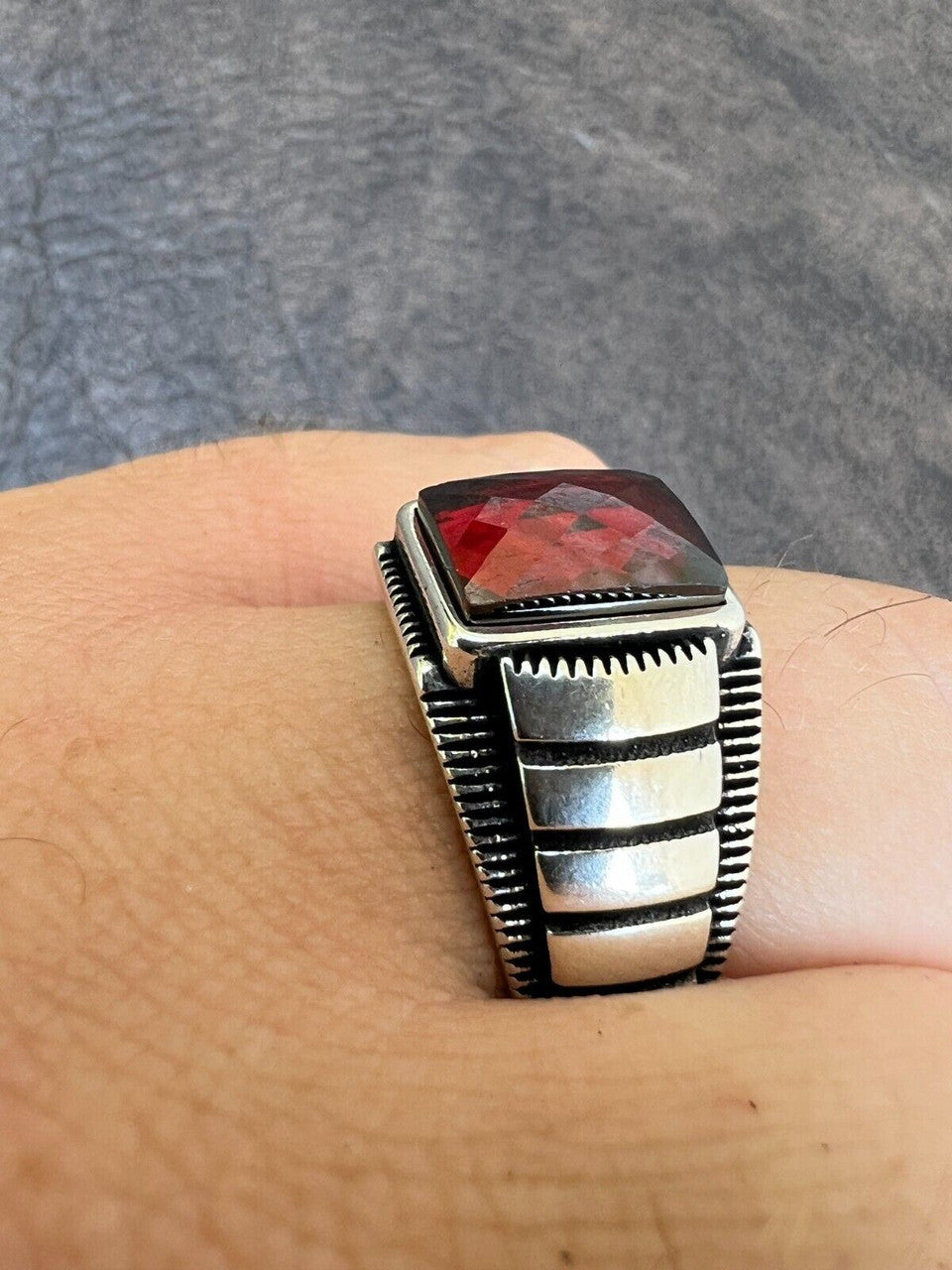 HarlemBling Mens Real 925 Sterling Silver Simulated Ruby Red CZ Gem Stone Pinky Ring Sz 7-13