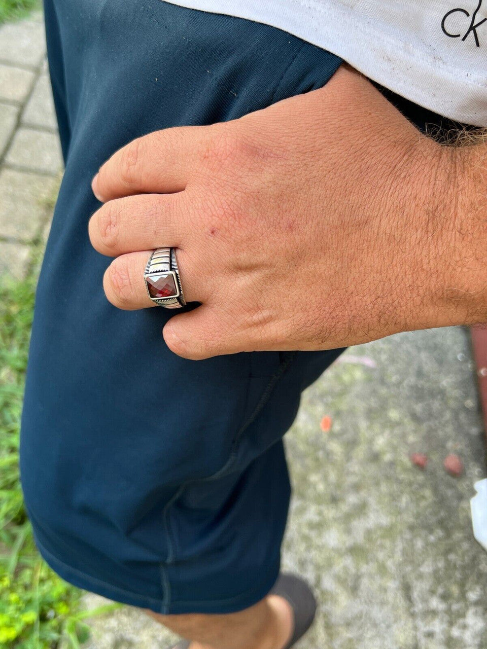 HarlemBling Mens Real 925 Sterling Silver Simulated Ruby Red CZ Gem Stone Pinky Ring Sz 7-13