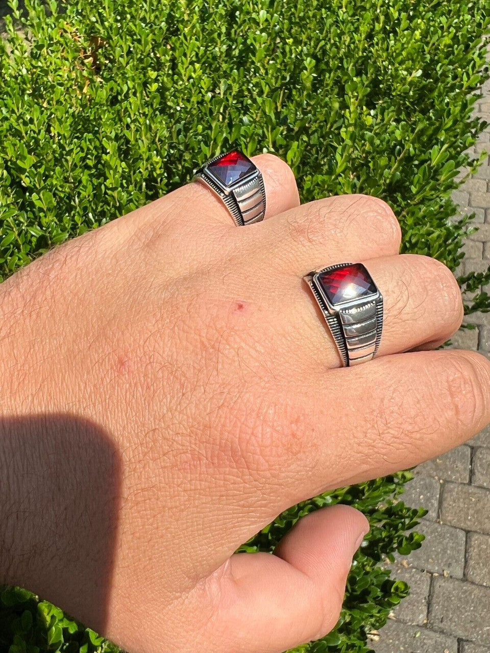 HarlemBling Mens Real 925 Sterling Silver Simulated Ruby Red CZ Gem Stone Pinky Ring Sz 7-13