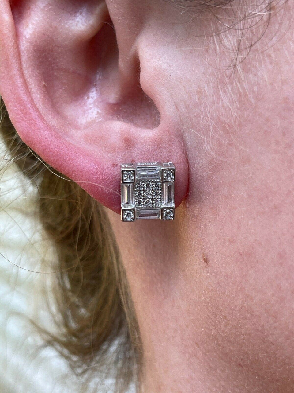 HarlemBling Mens Real 925 Sterling Silver Square Iced Baguette Diamond HipHop Earrings Studs