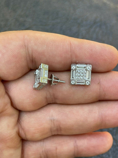 HarlemBling Mens Real 925 Sterling Silver Square Iced Baguette Diamond HipHop Earrings Studs