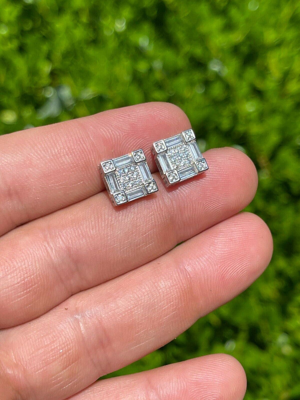 HarlemBling Mens Real 925 Sterling Silver Square Iced Baguette Diamond HipHop Earrings Studs