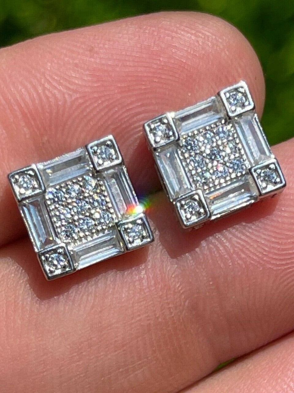 HarlemBling Mens Real 925 Sterling Silver Square Iced Baguette Diamond HipHop Earrings Studs
