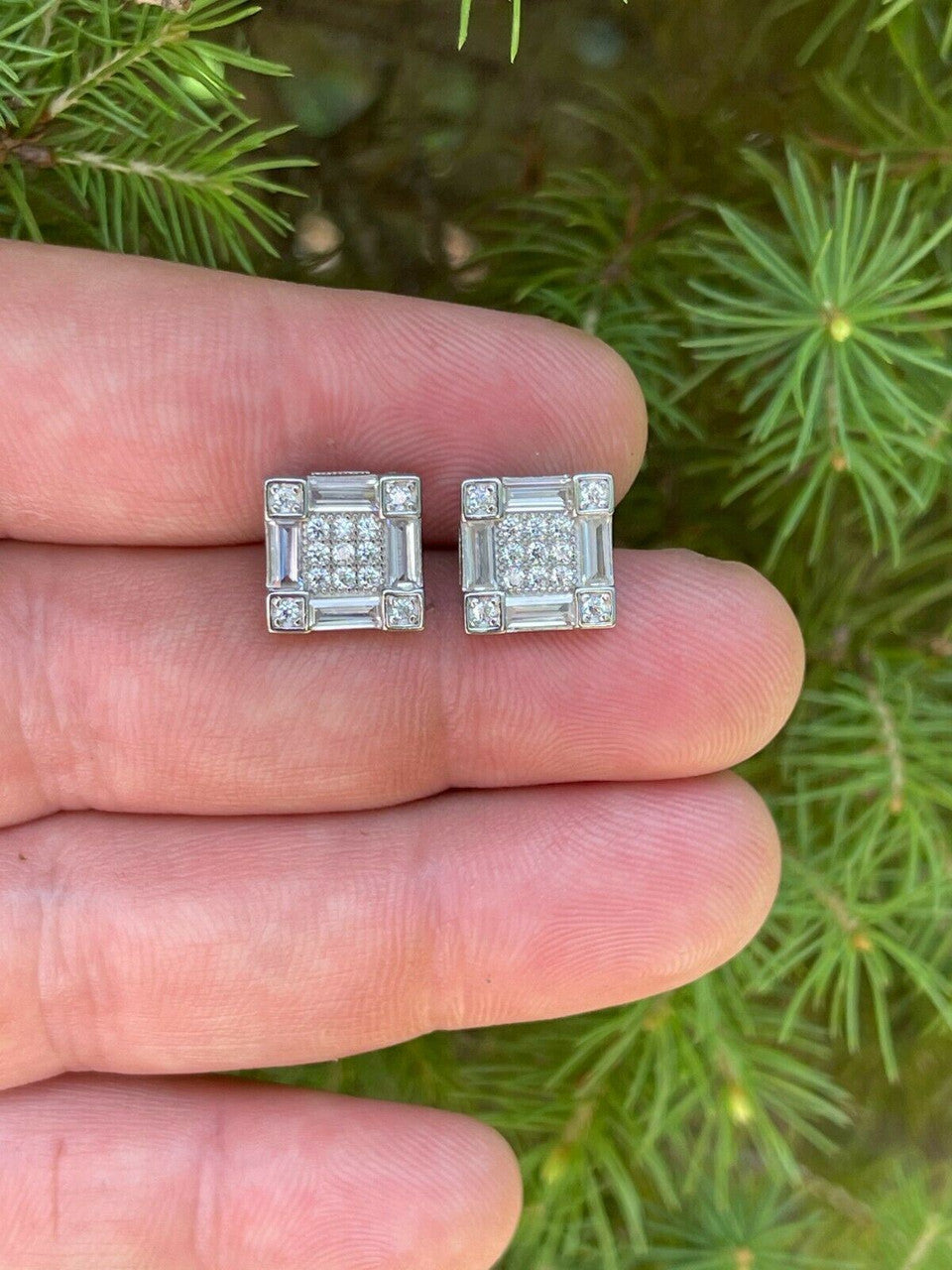 HarlemBling Mens Real 925 Sterling Silver Square Iced Baguette Diamond HipHop Earrings Studs