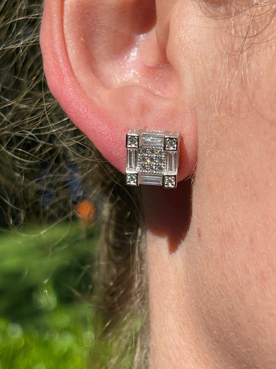 HarlemBling Mens Real 925 Sterling Silver Square Iced Baguette Diamond HipHop Earrings Studs