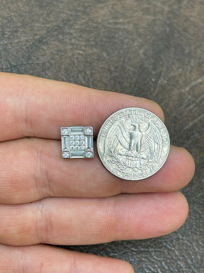 HarlemBling Mens Real 925 Sterling Silver Square Iced Baguette Diamond HipHop Earrings Studs