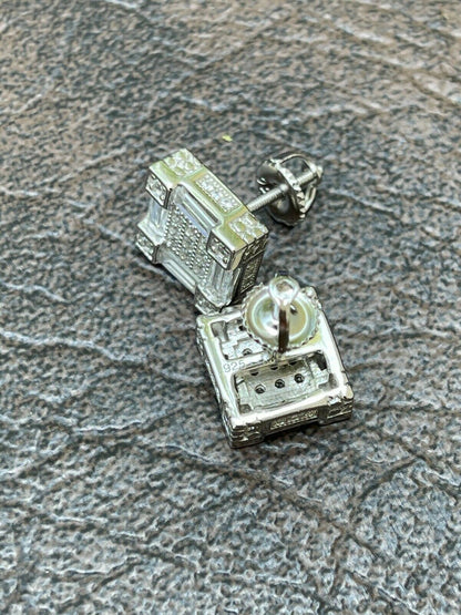 HarlemBling Mens Real 925 Sterling Silver Square Iced Baguette Diamond HipHop Earrings Studs