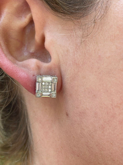 HarlemBling Mens Real 925 Sterling Silver Square Iced Baguette Diamond HipHop Earrings Studs