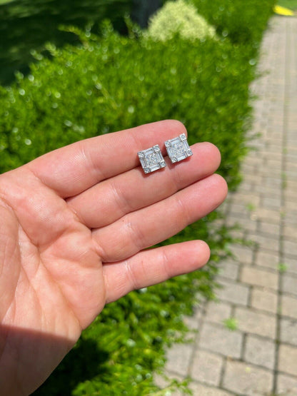 HarlemBling Mens Real 925 Sterling Silver Square Iced Baguette Diamond HipHop Earrings Studs