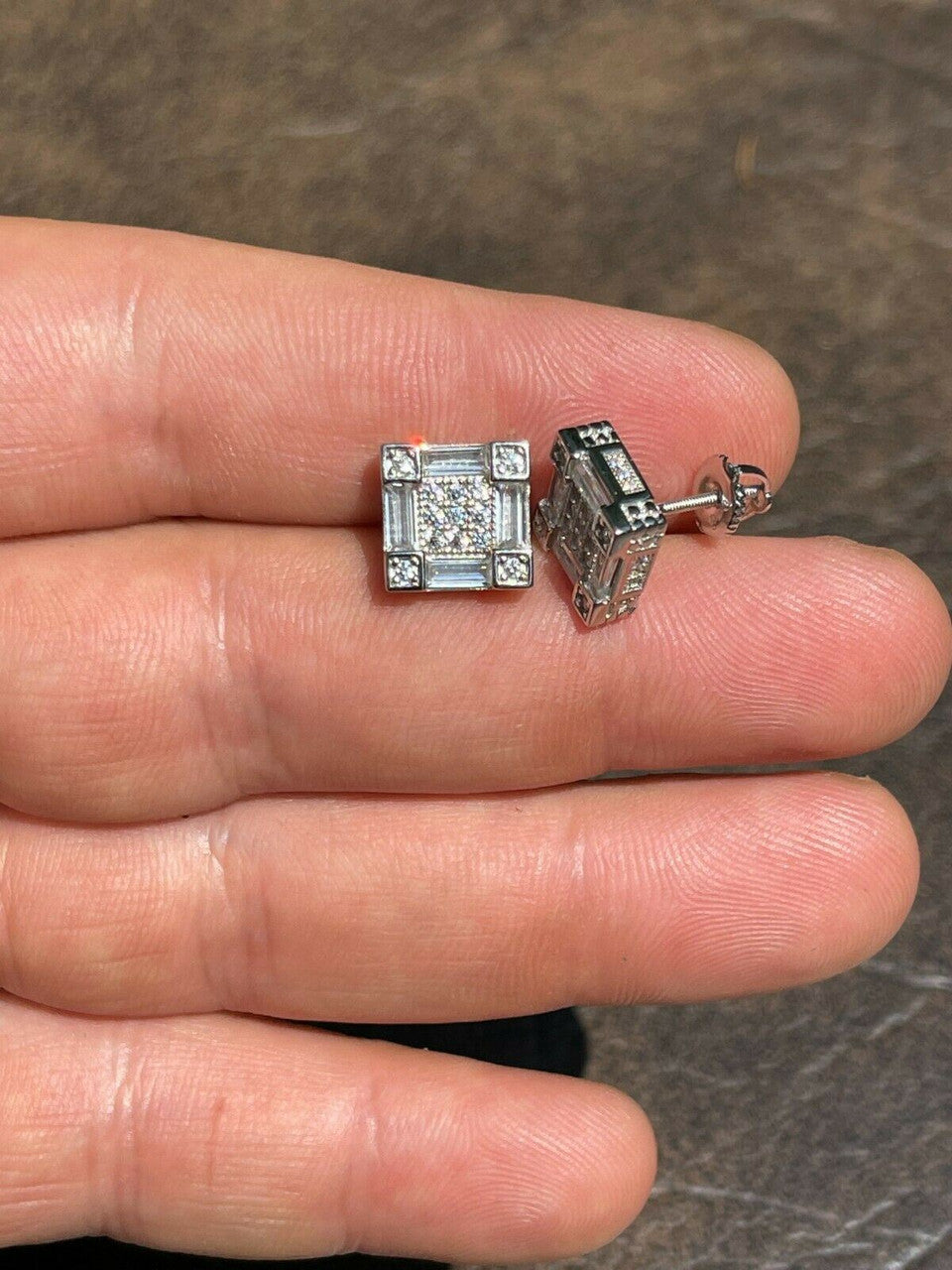 HarlemBling Mens Real 925 Sterling Silver Square Iced Baguette Diamond HipHop Earrings Studs