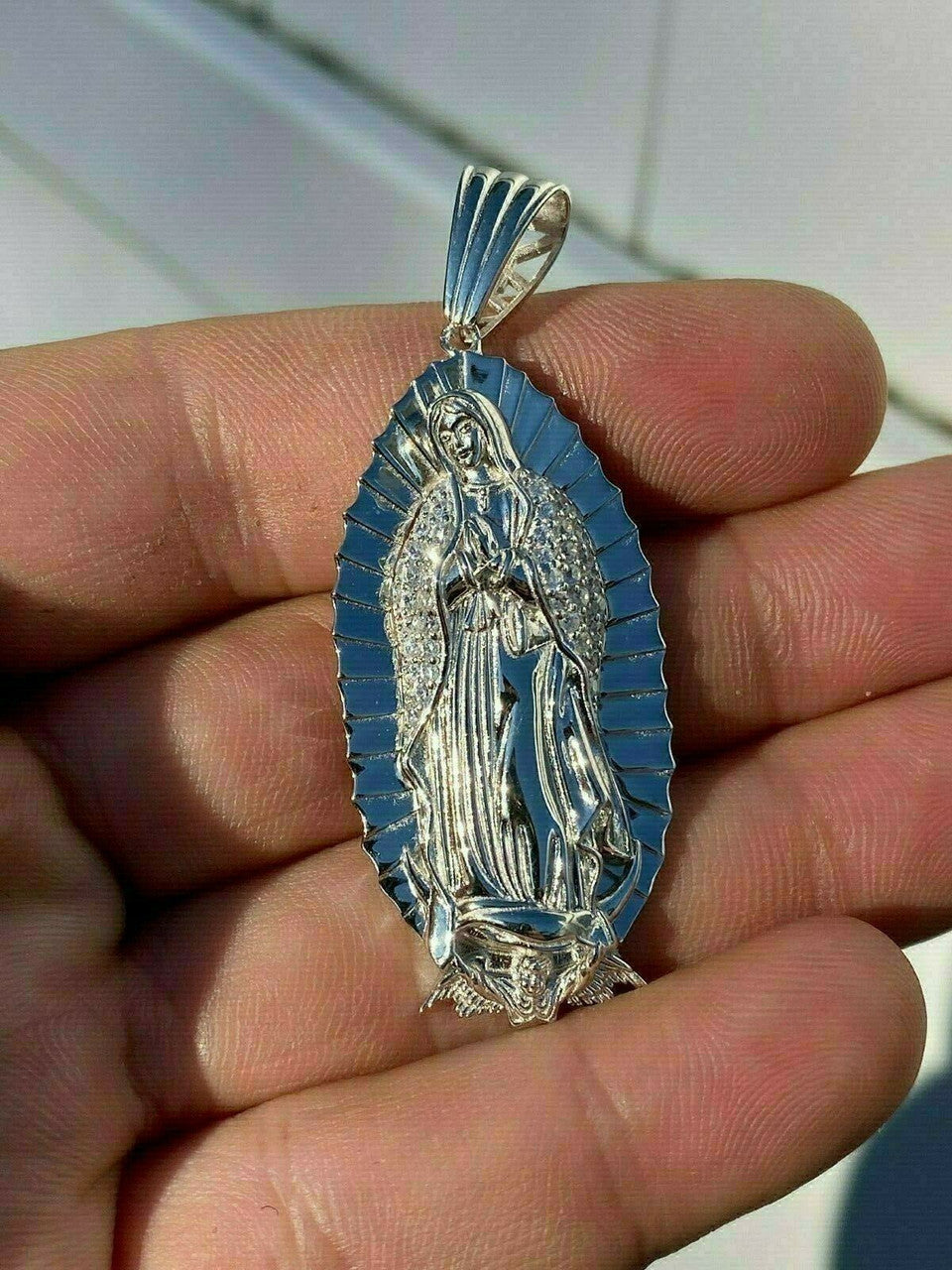 HarlemBling Mens Real 925 Sterling Silver - Virgin Mary Guadalupe Necklace Nuestra Senora