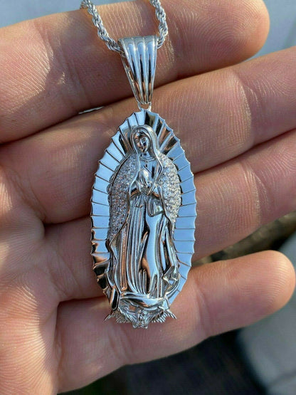 HarlemBling Mens Real 925 Sterling Silver - Virgin Mary Guadalupe Necklace Nuestra Senora