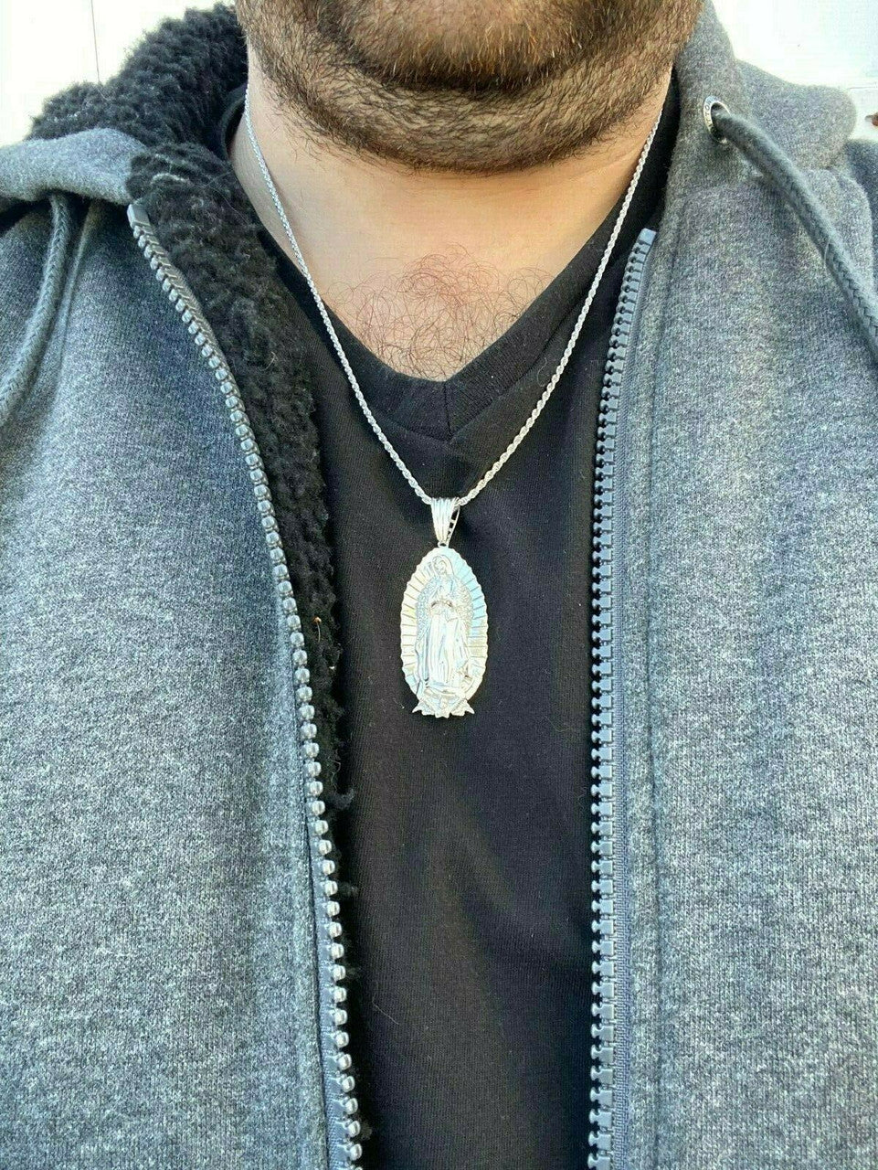 HarlemBling Mens Real 925 Sterling Silver - Virgin Mary Guadalupe Necklace Nuestra Senora