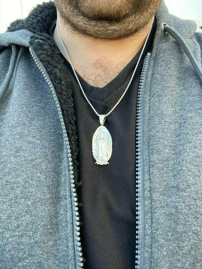 HarlemBling Mens Real 925 Sterling Silver - Virgin Mary Guadalupe Necklace Nuestra Senora