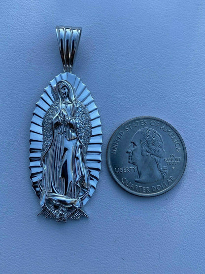 HarlemBling Mens Real 925 Sterling Silver - Virgin Mary Guadalupe Necklace Nuestra Senora
