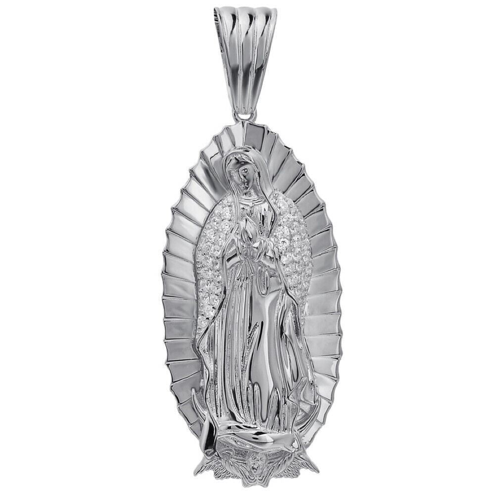 HarlemBling Mens Real 925 Sterling Silver - Virgin Mary Guadalupe Necklace Nuestra Senora