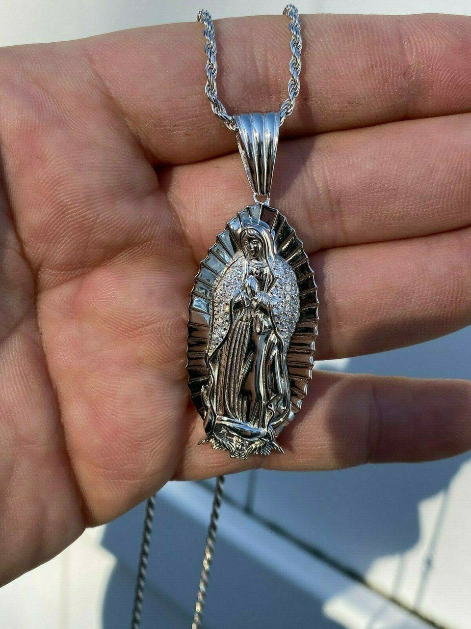 HarlemBling Mens Real 925 Sterling Silver - Virgin Mary Guadalupe Necklace Nuestra Senora