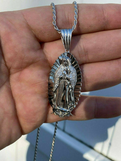 HarlemBling Mens Real 925 Sterling Silver - Virgin Mary Guadalupe Necklace Nuestra Senora