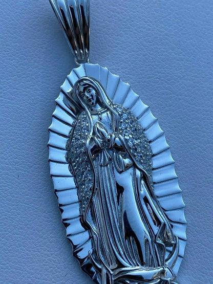 HarlemBling Mens Real 925 Sterling Silver - Virgin Mary Guadalupe Necklace Nuestra Senora