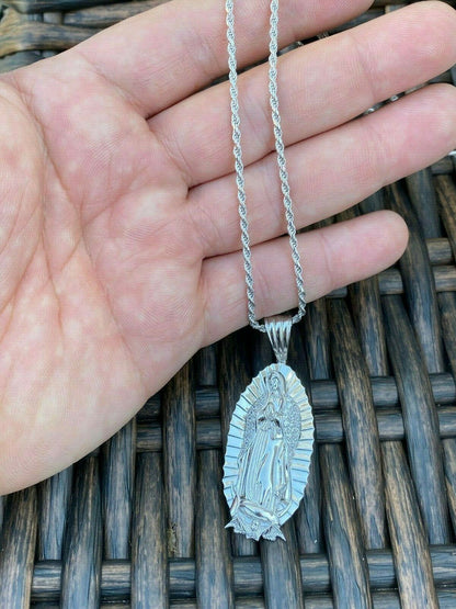HarlemBling Mens Real 925 Sterling Silver - Virgin Mary Guadalupe Necklace Nuestra Senora