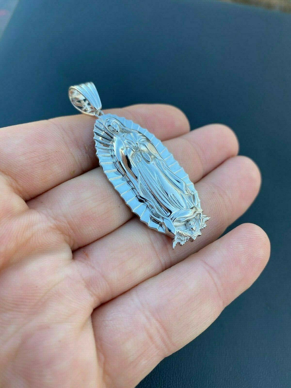 HarlemBling Mens Real 925 Sterling Silver - Virgin Mary Guadalupe Necklace Senora Pendant