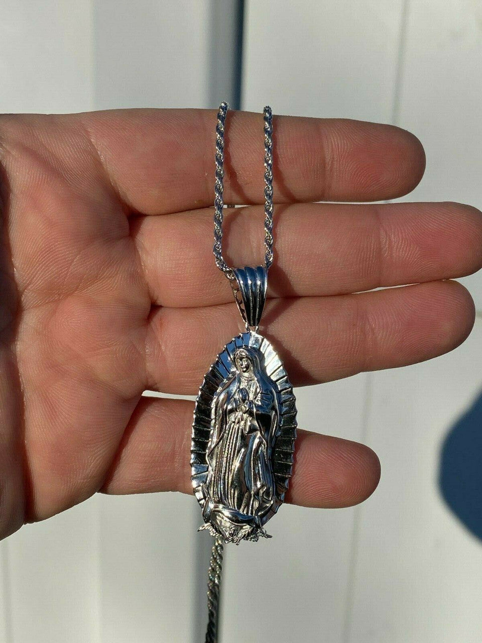 HarlemBling Mens Real 925 Sterling Silver - Virgin Mary Guadalupe Necklace Senora Pendant