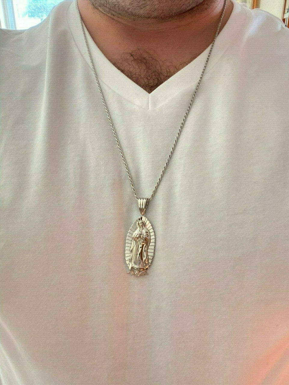HarlemBling Mens Real 925 Sterling Silver - Virgin Mary Guadalupe Necklace Senora Pendant