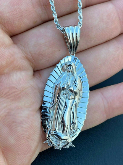 HarlemBling Mens Real 925 Sterling Silver - Virgin Mary Guadalupe Necklace Senora Pendant