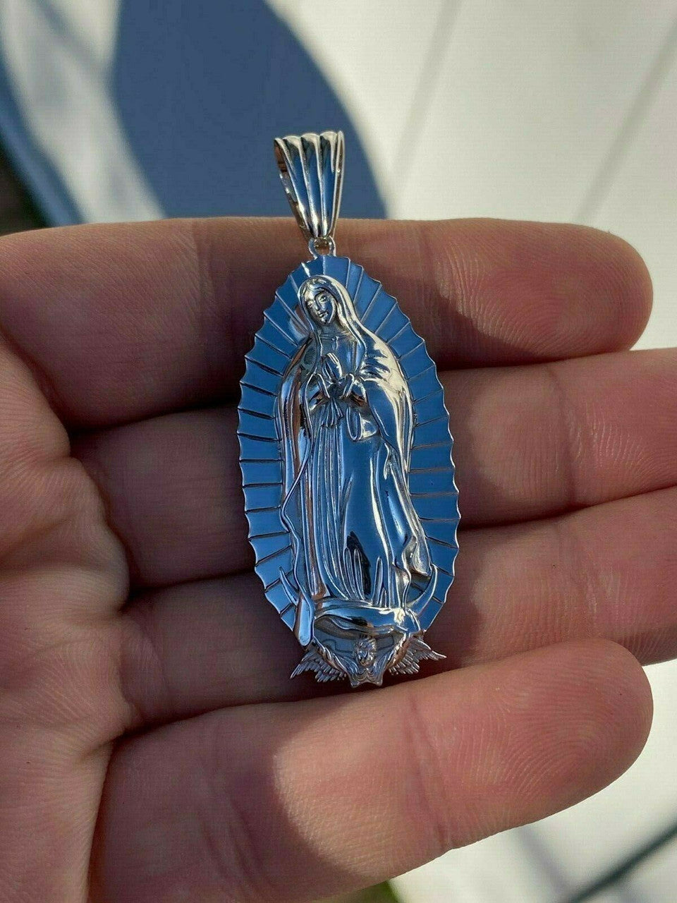 HarlemBling Mens Real 925 Sterling Silver - Virgin Mary Guadalupe Necklace Senora Pendant