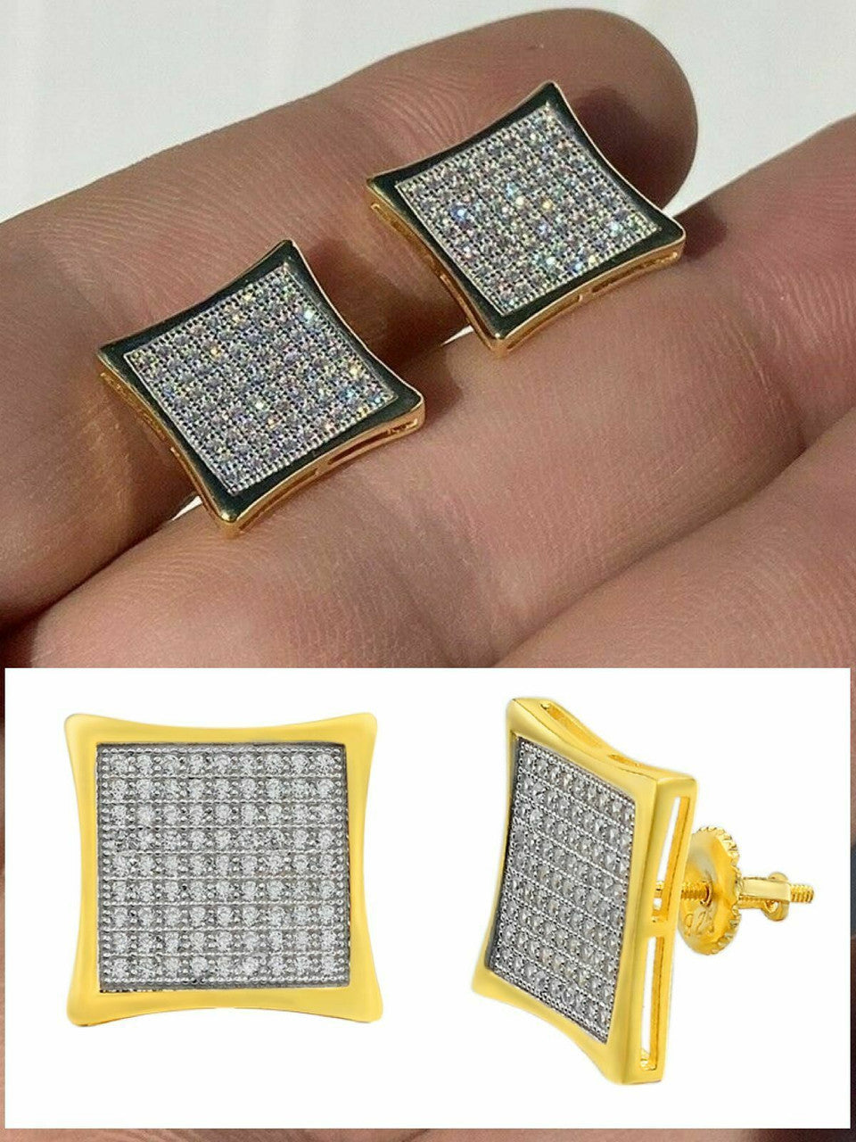 HarlemBling Mens Real Large 1/2 Kite Earrings Solid 925 Sterling Silver and 14k Gold Hip Hop