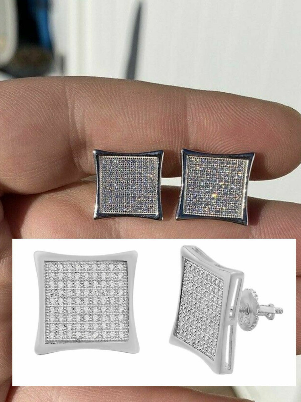 HarlemBling Mens Real Large 1/2 Kite Earrings Solid 925 Sterling Silver Iced 3ct Diamonds