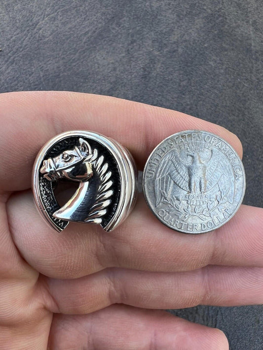 HarlemBling Mens Real Plain Solid 925 Sterling Silver Horse & Lucky Horseshoe Ring Size 7-13