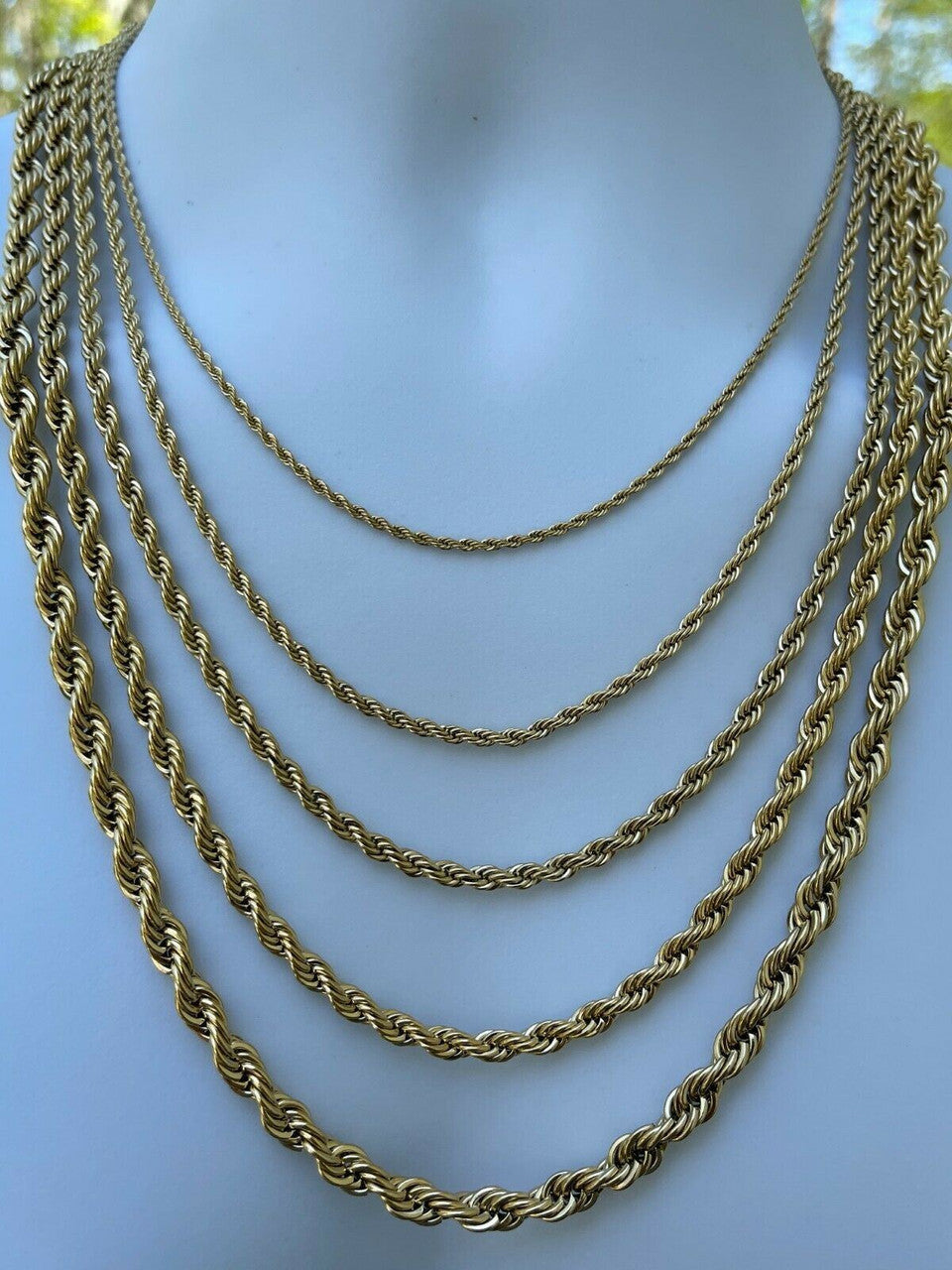HarlemBling Mens Real Rope Chain Necklace 14k Gold Over Stainless Steel - 2mm-6mm 18-30