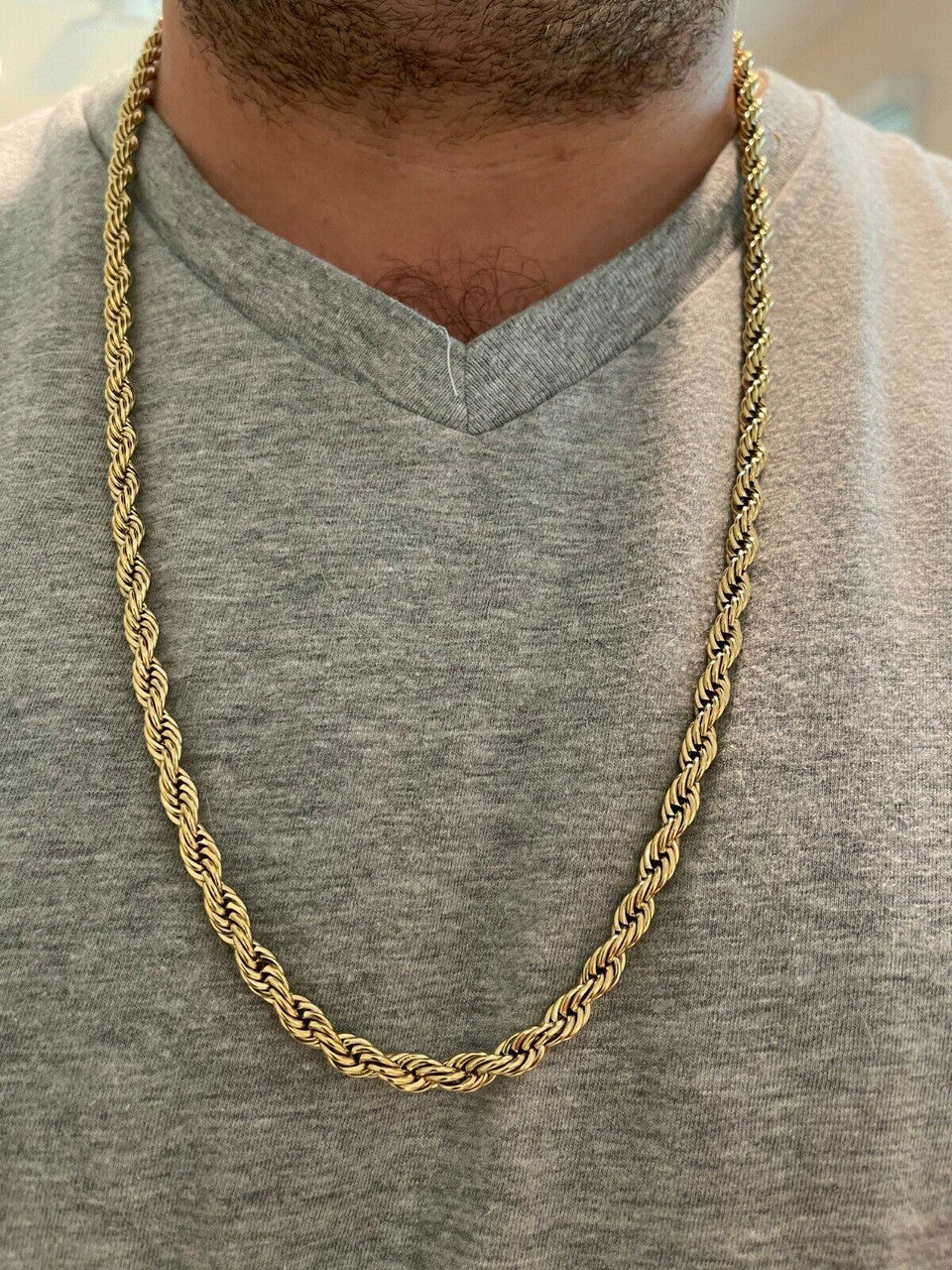 HarlemBling Mens Real Rope Chain Necklace 14k Gold Over Stainless Steel - 2mm-6mm 18-30