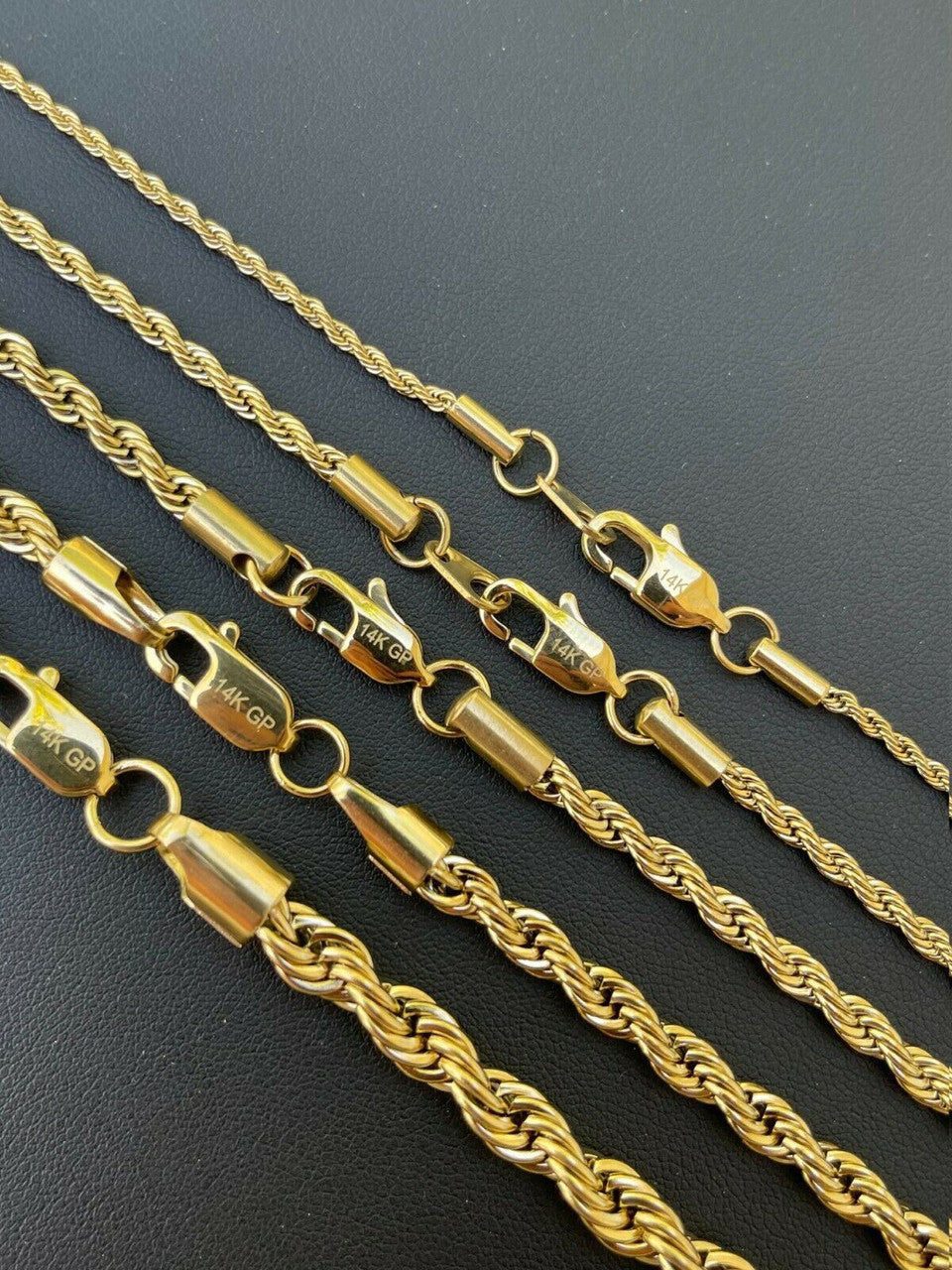 HarlemBling Mens Real Rope Chain Necklace 14k Gold Over Stainless Steel - 2mm-6mm 18-30
