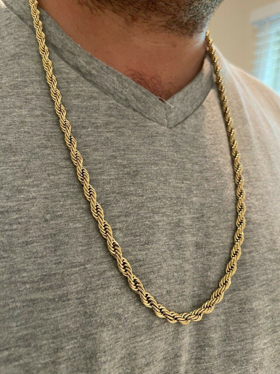 HarlemBling Mens Real Rope Chain Necklace 14k Gold Over Stainless Steel - 2mm-6mm 18-30