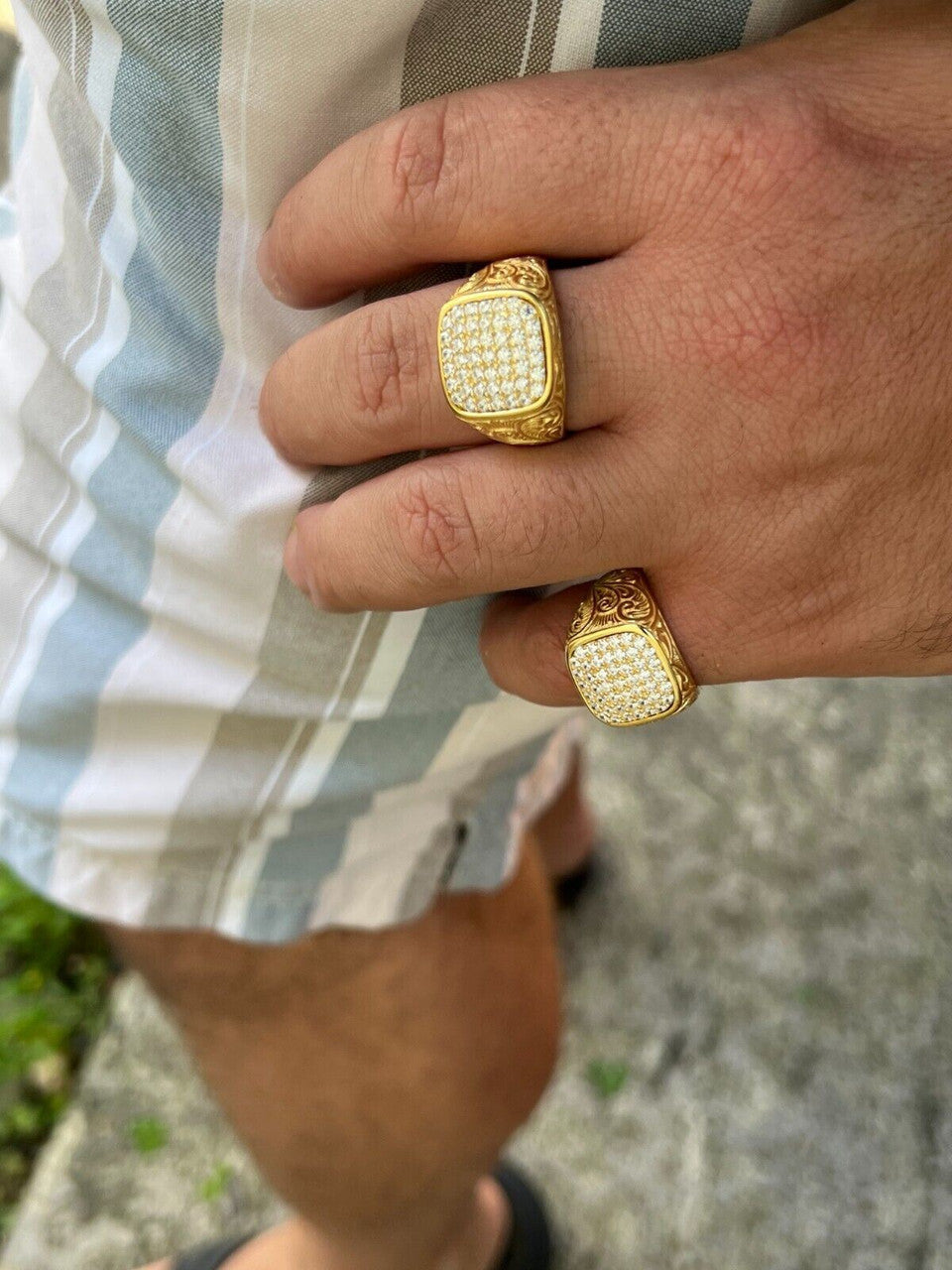 HarlemBling Mens Real Solid 925 14k Gold Plated Iced CZ Ring Hip Hop Size 7 8 9 10 11 12 13