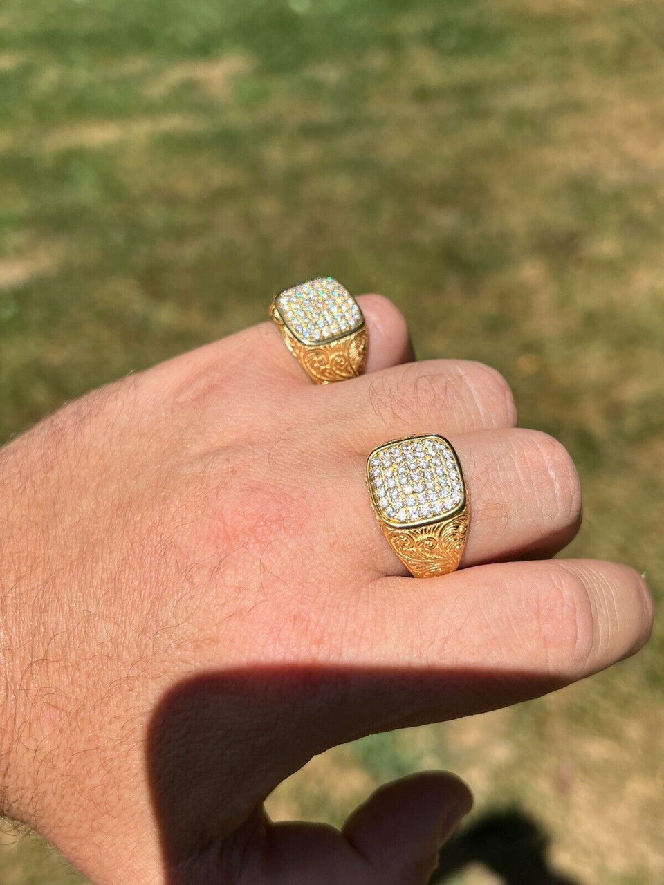 HarlemBling Mens Real Solid 925 14k Gold Plated Iced CZ Ring Hip Hop Size 7 8 9 10 11 12 13
