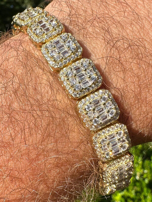 HarlemBling Mens Real Solid 925 Silver 14k Gold Plated Baguette Tennis Bracelet Iced CZ