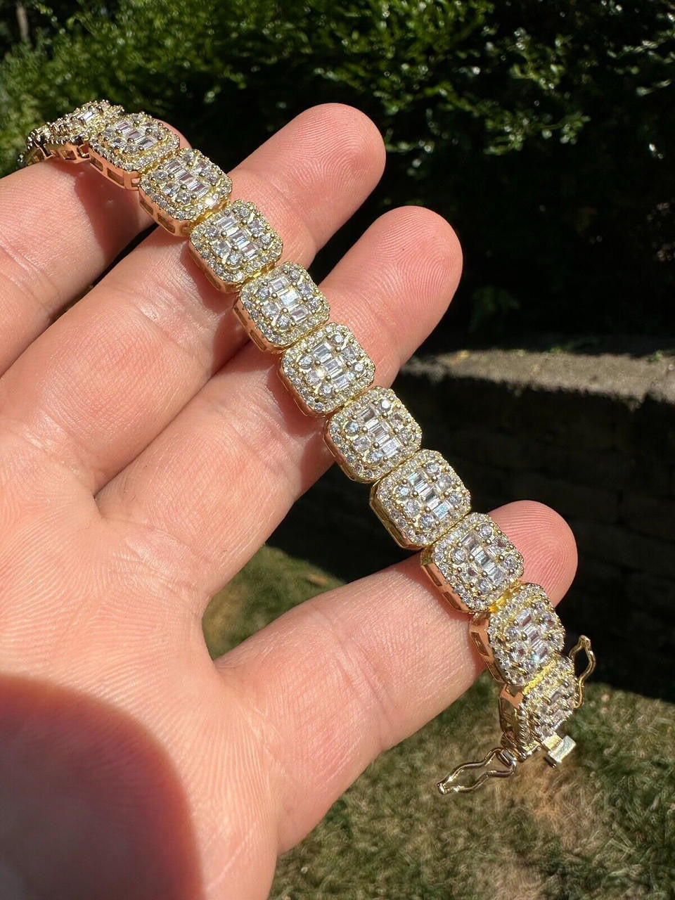 Men s Real Solid 925 Silver 14k Gold Plated Baguette Tennis